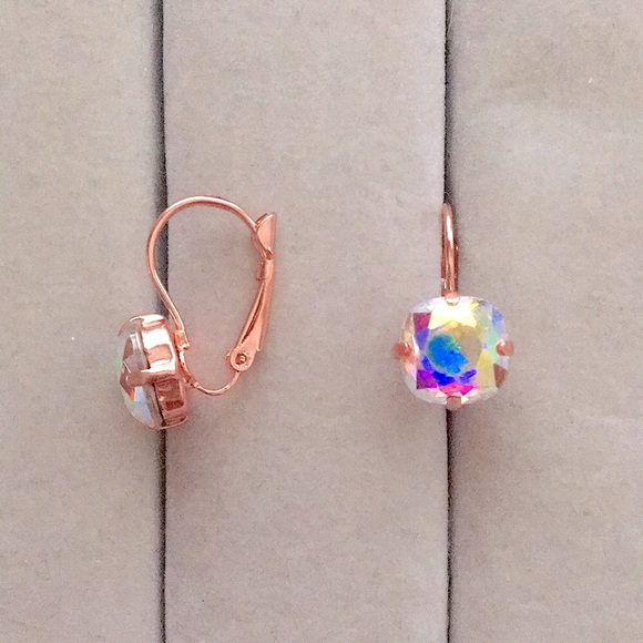 Aurora Borealis + Rose Gold Cushion Cut Crystal Drop Earrings - Picture 8 of 12